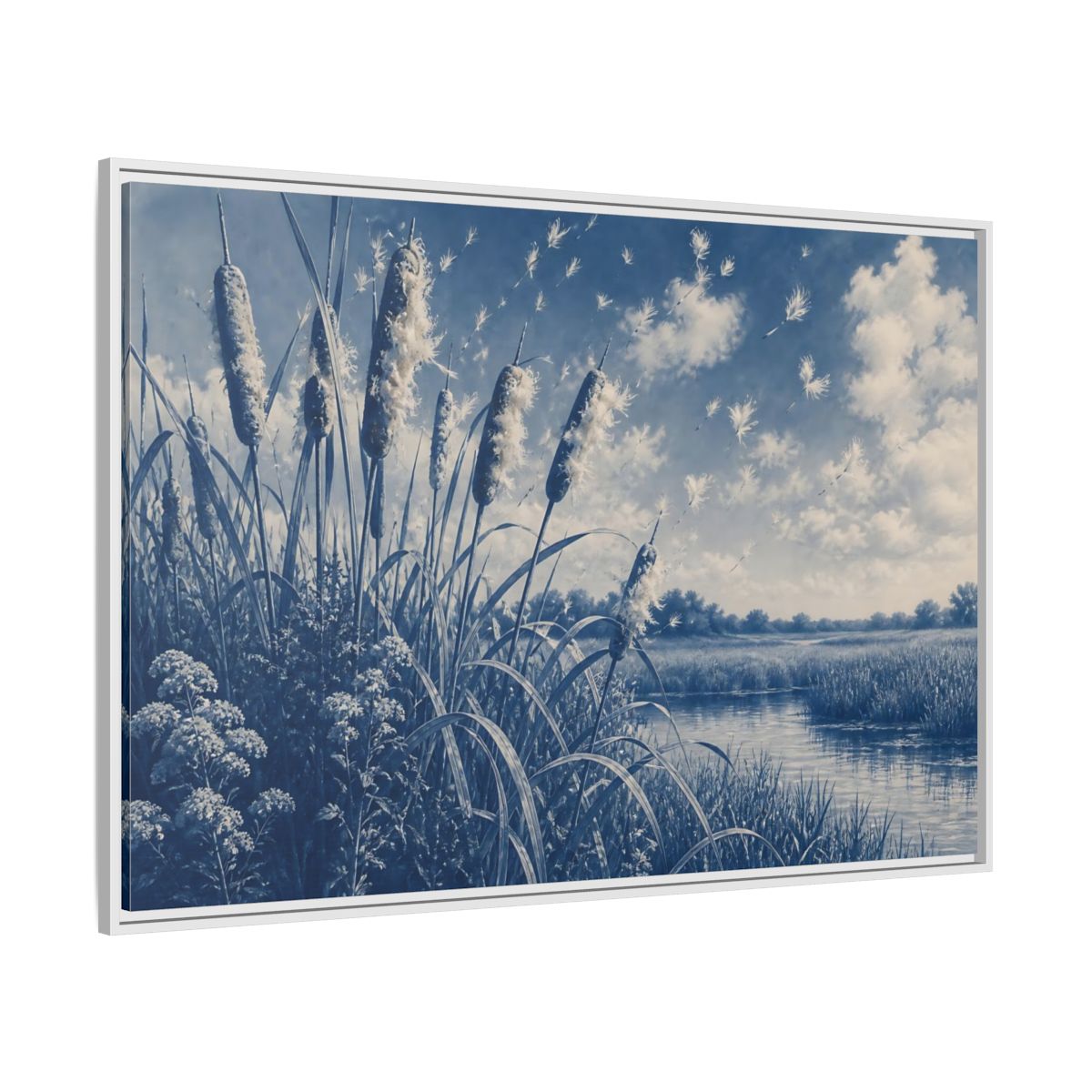 Side Mockup 7. Cattails And Seed Fluff shown as framed canvas print