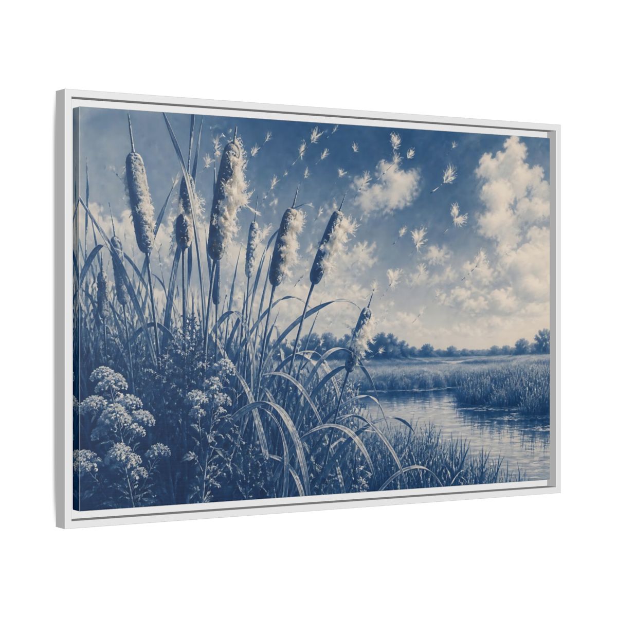 Side Mockup 9. Cattails And Seed Fluff shown as framed canvas print