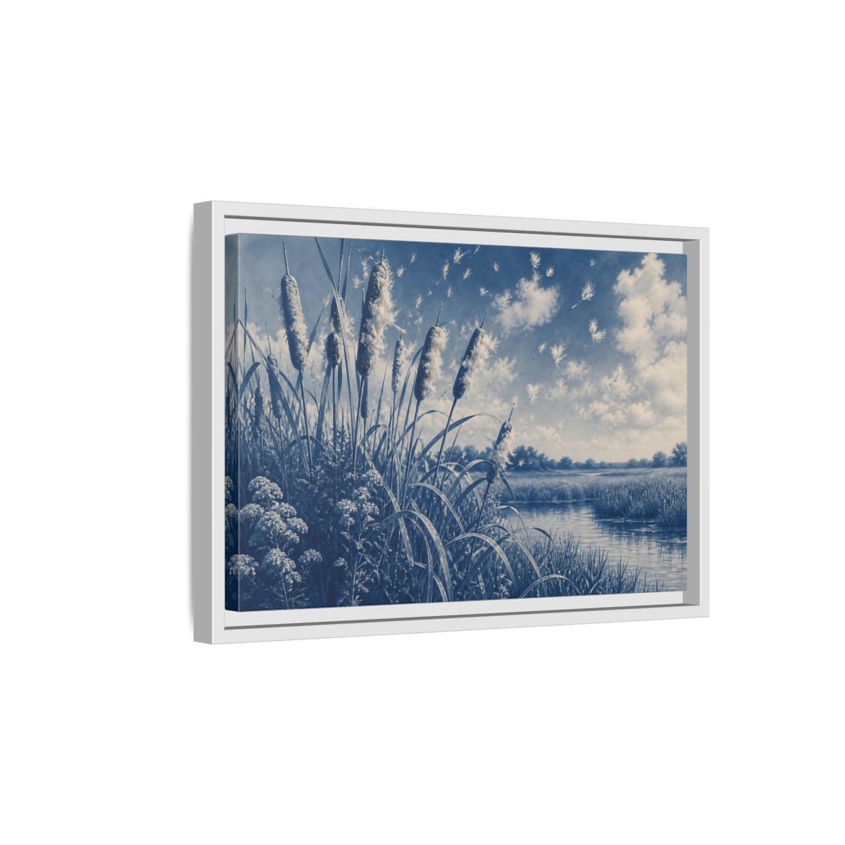 Side Mockup 4. Cattails And Seed Fluff shown as framed canvas print