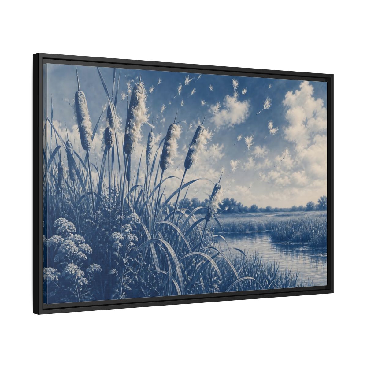 Side Mockup 13. Cattails And Seed Fluff shown as framed canvas print