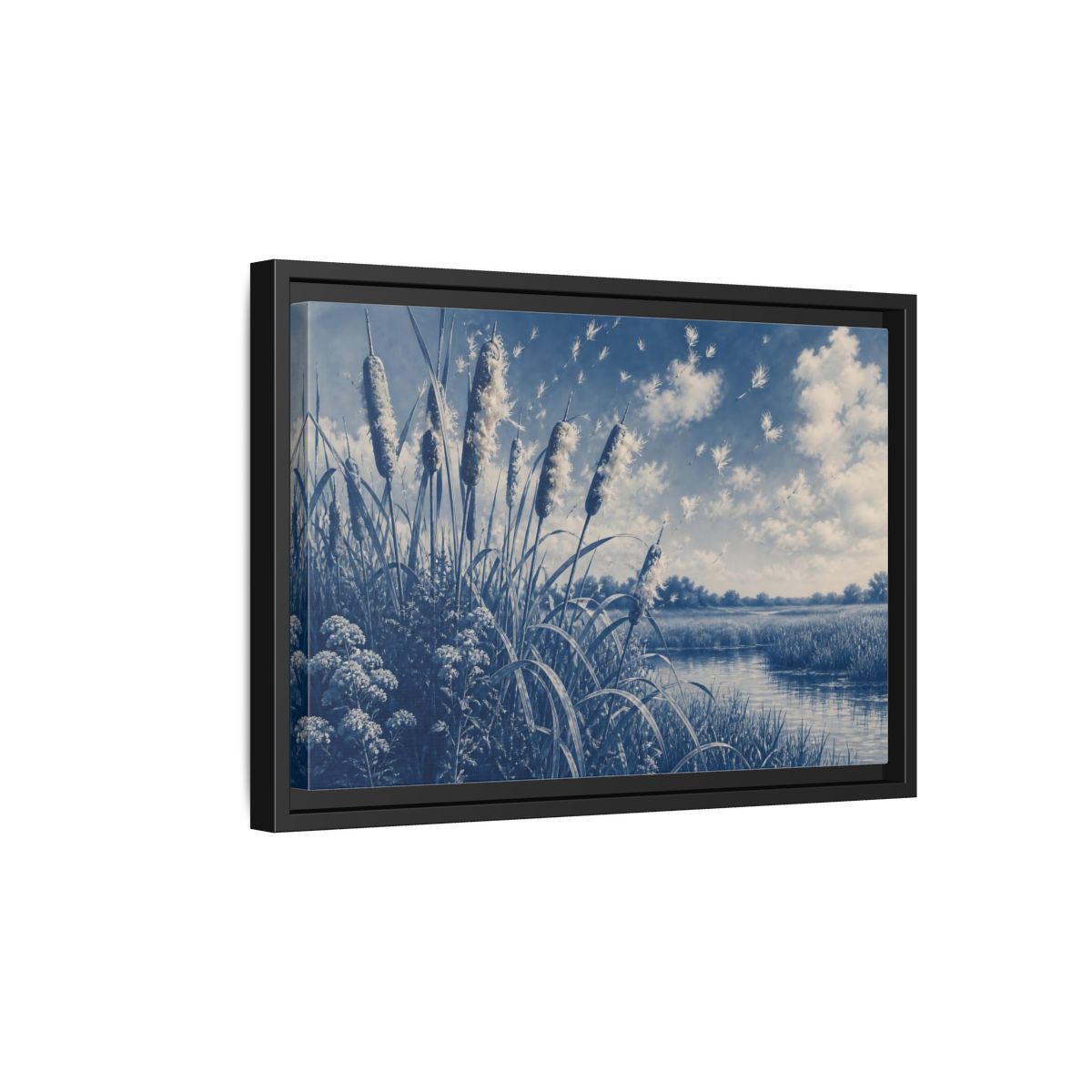 Side Mockup 6. Cattails And Seed Fluff shown as framed canvas print