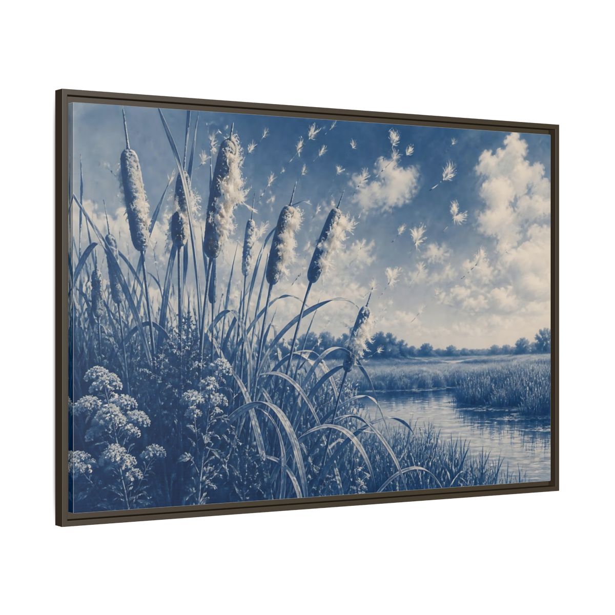 Side Mockup 8. Cattails And Seed Fluff shown as framed canvas print