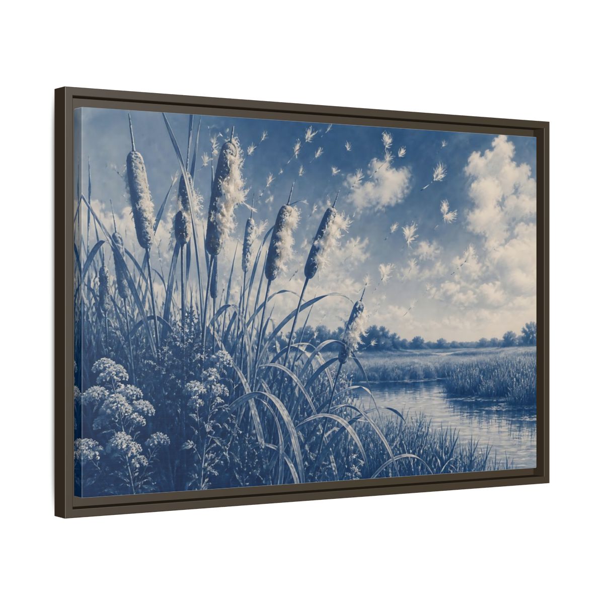 Side Mockup 11. Cattails And Seed Fluff shown as framed canvas print
