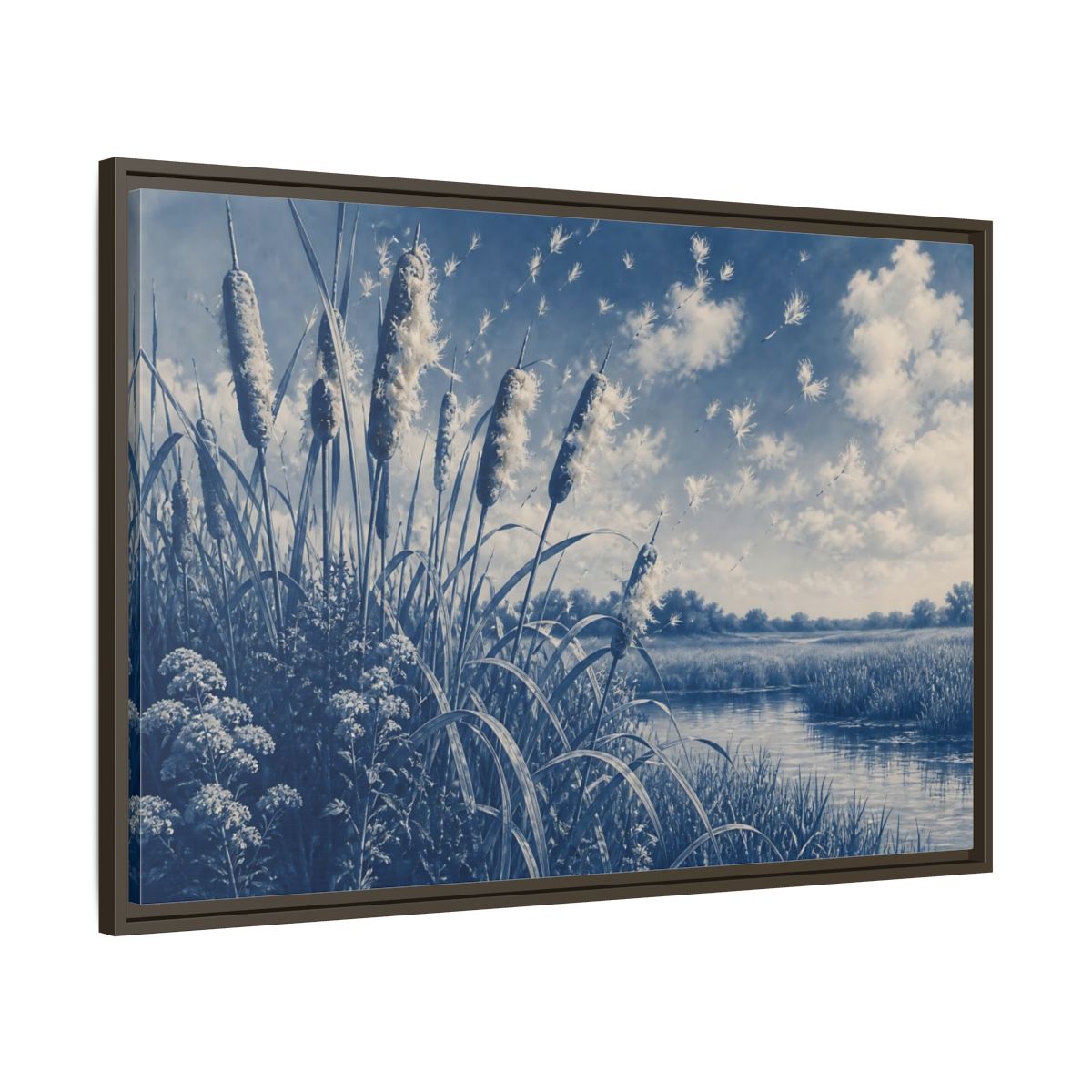 Main Mockup. Cattails And Seed Fluff shown as framed canvas print