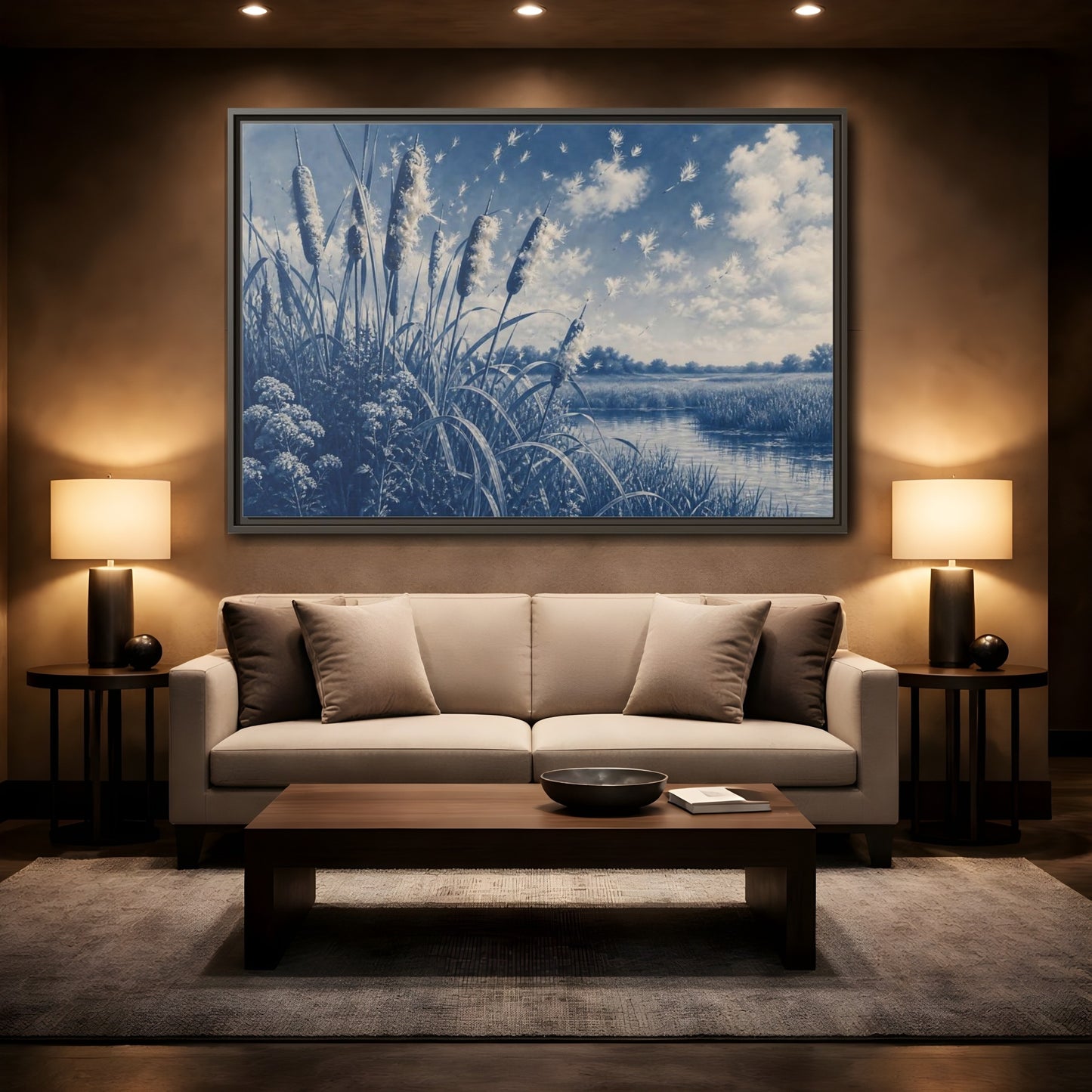 Mockup 2. Cattails And Seed Fluff shown as framed canvas print