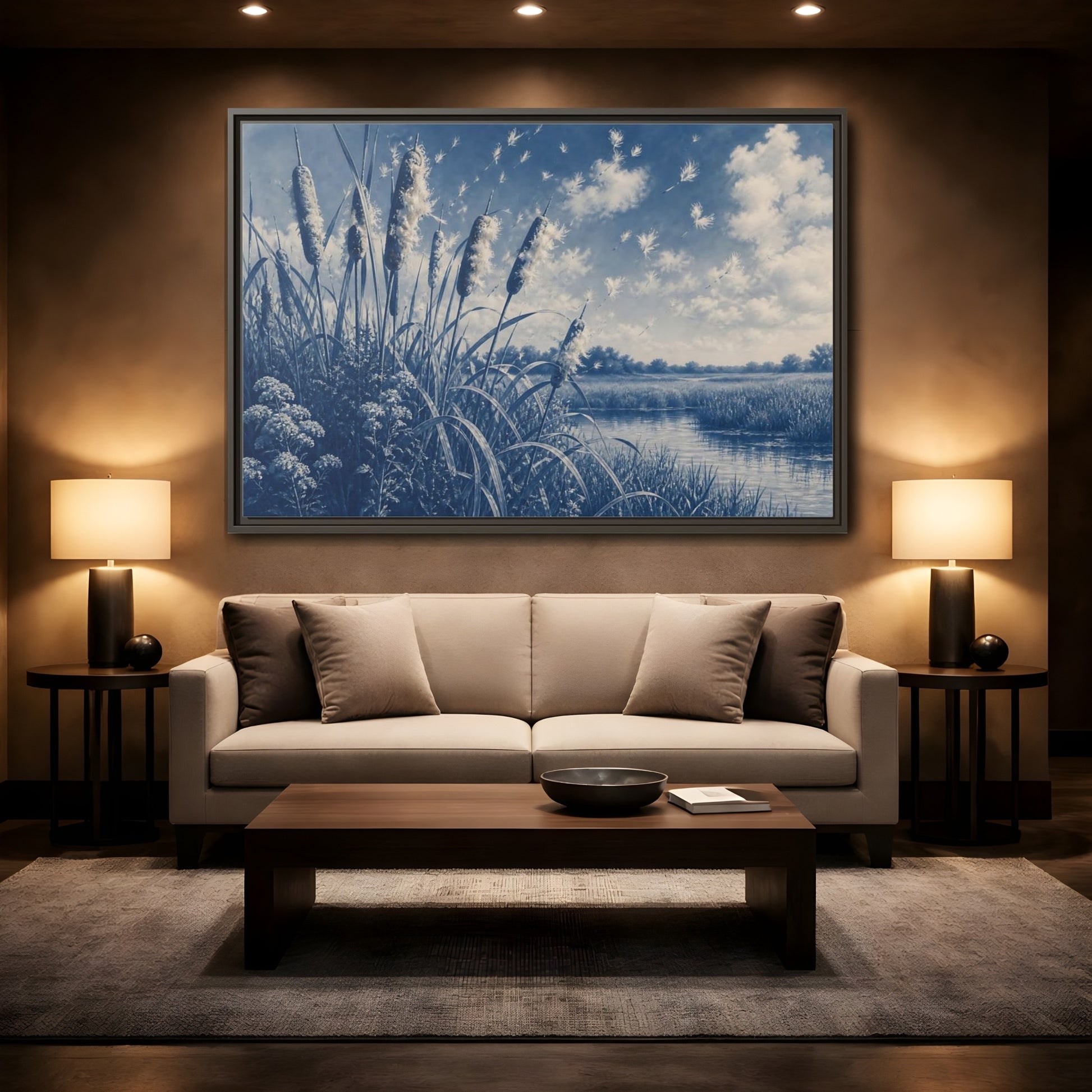 Mockup 2. Cattails And Seed Fluff shown as framed canvas print