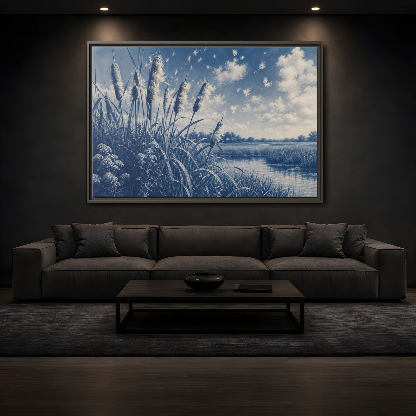 Mockup 3. Cattails And Seed Fluff shown as framed canvas print