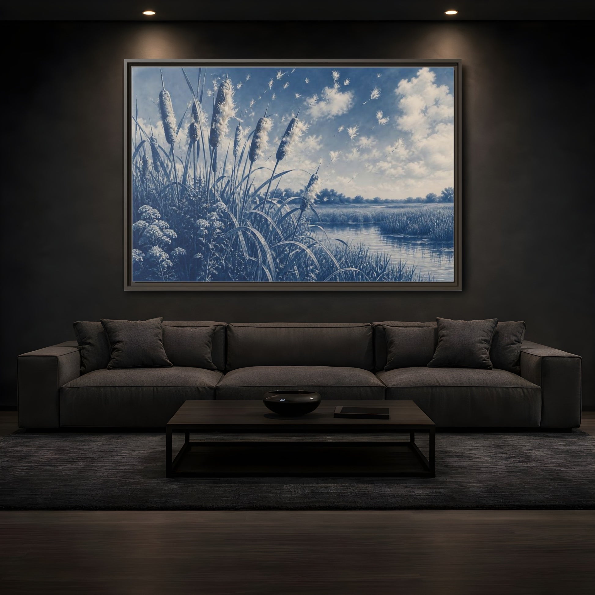 Mockup 3. Cattails And Seed Fluff shown as framed canvas print