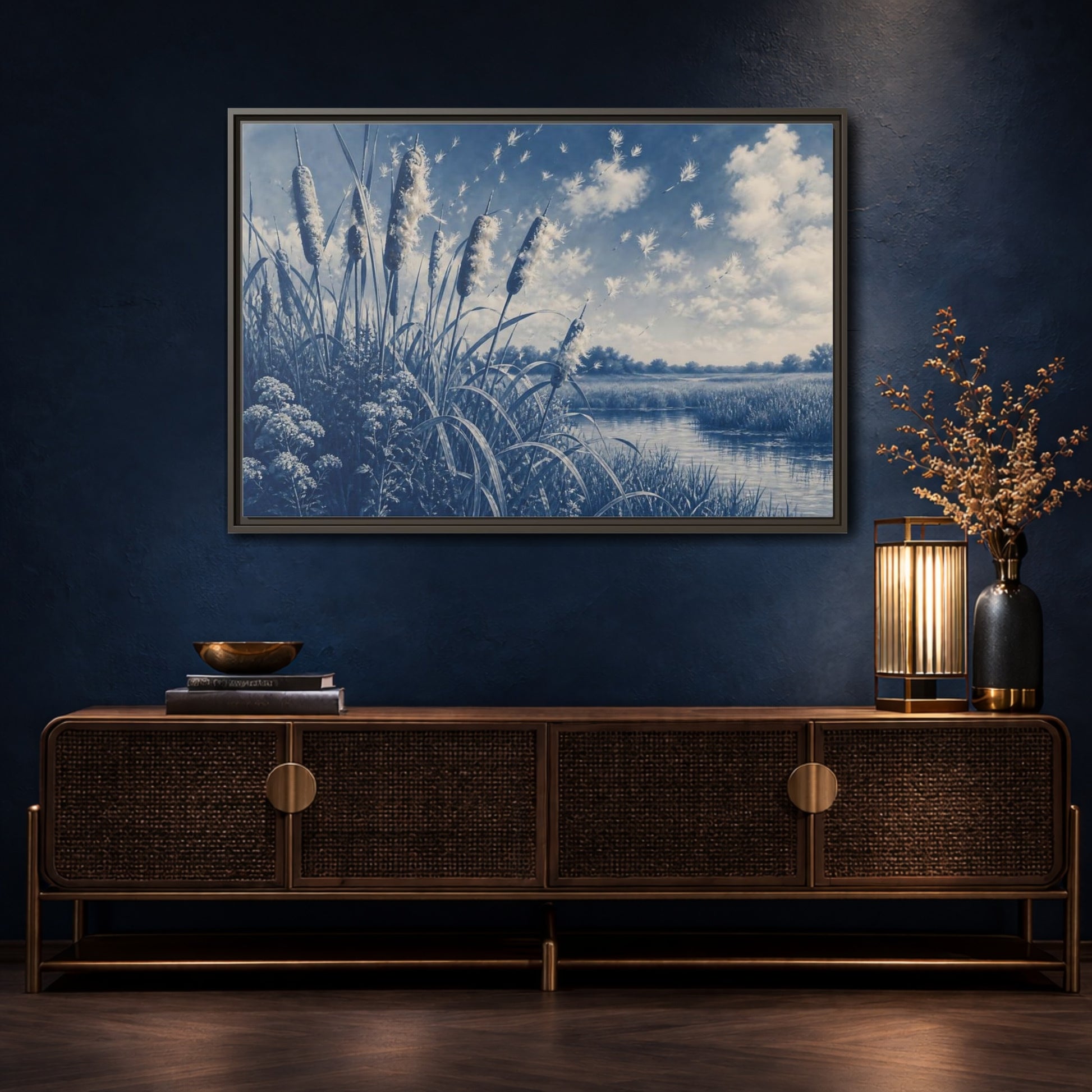 Mockup 4. Cattails And Seed Fluff shown as framed canvas print