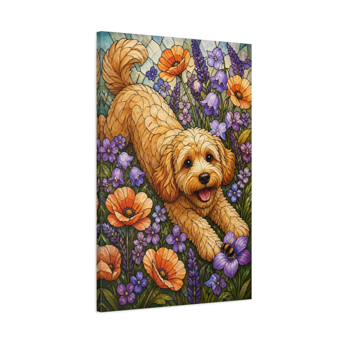 Main Mockup. Cavoodle Pet In Wildflowers shown as canvas print