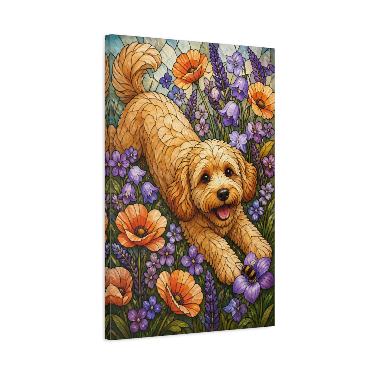 Side Mockup 2. Cavoodle Pet In Wildflowers shown as canvas print