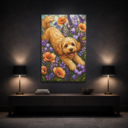 Mockup 3. Cavoodle Pet In Wildflowers shown as canvas print