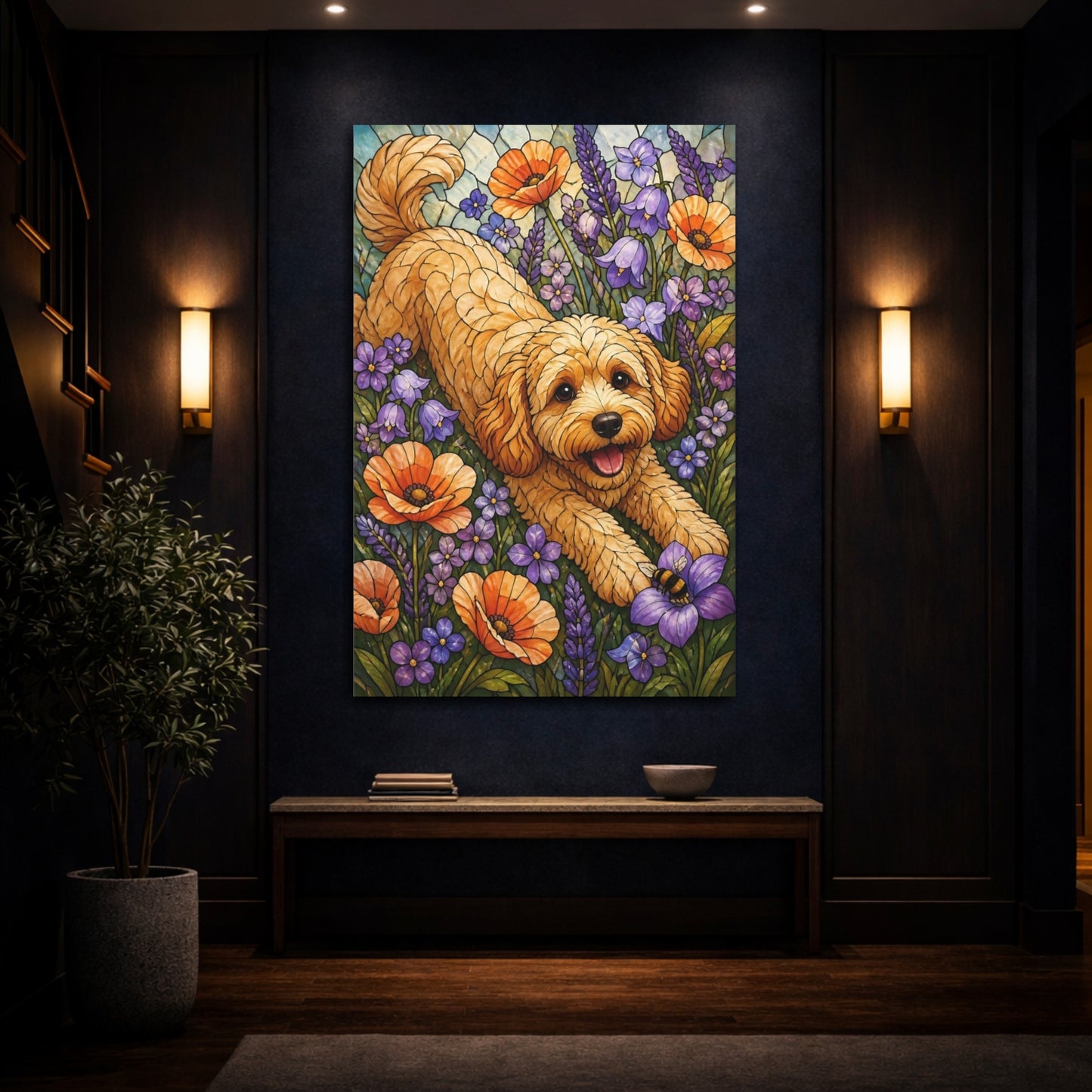 Mockup 4. Cavoodle Pet In Wildflowers shown as canvas print