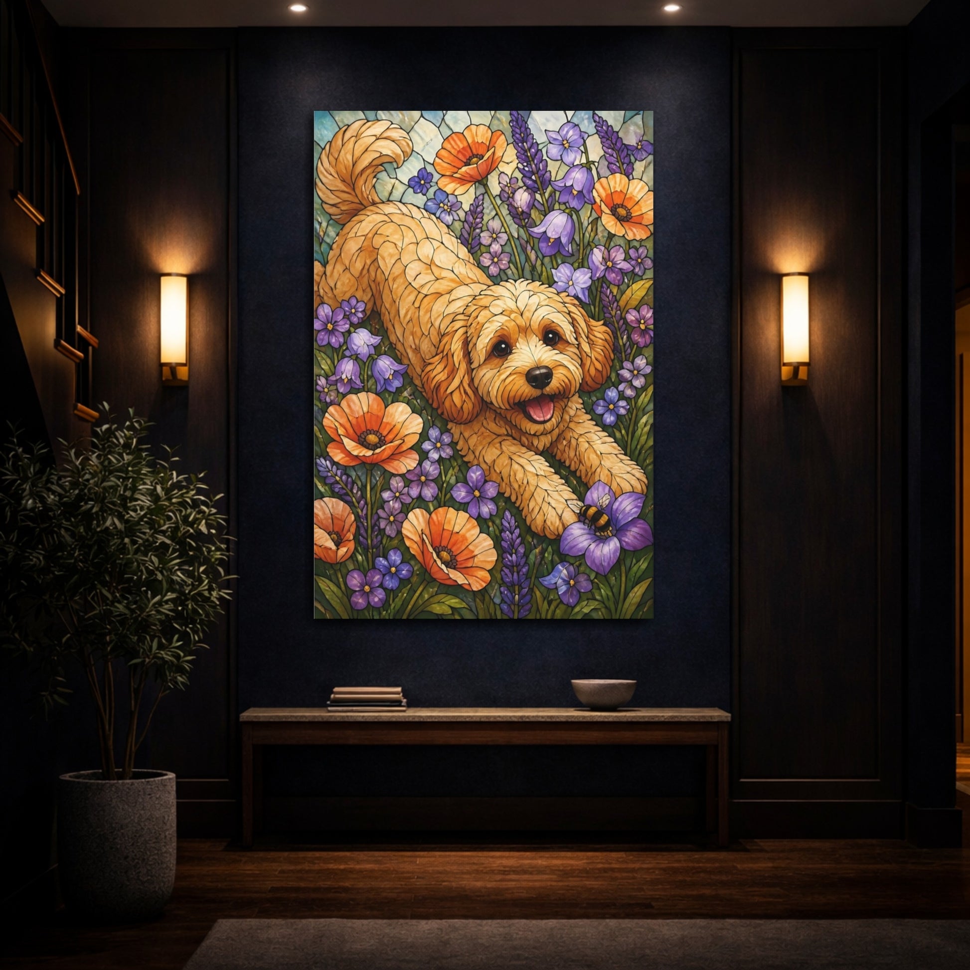 Mockup 4. Cavoodle Pet In Wildflowers shown as canvas print