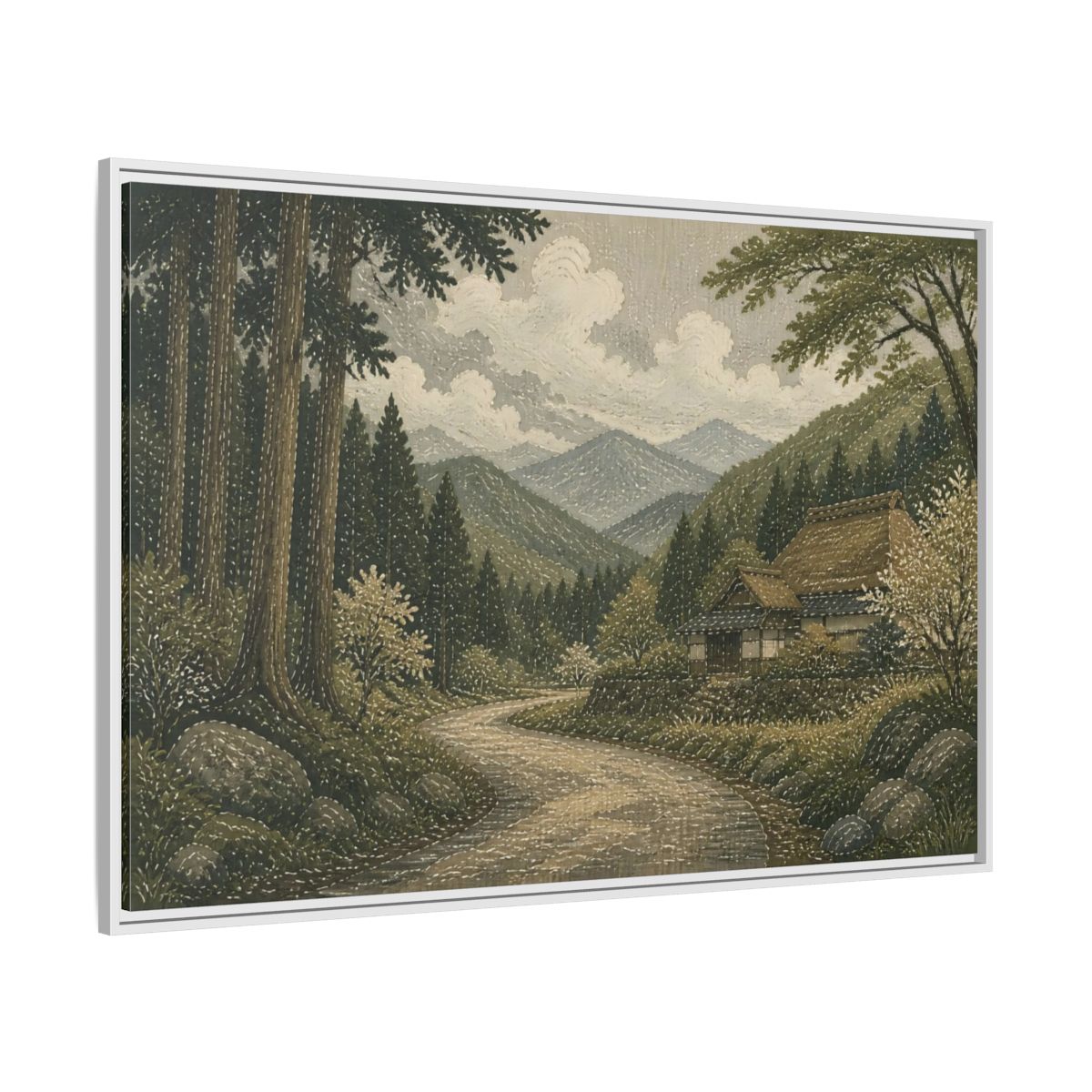 Side Mockup 7. Cedar Forest Country Road shown as framed canvas print