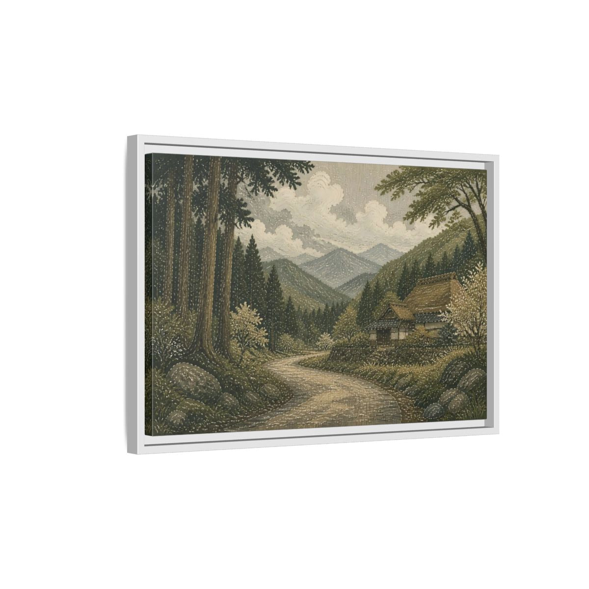 Side Mockup 1. Cedar Forest Country Road shown as framed canvas print