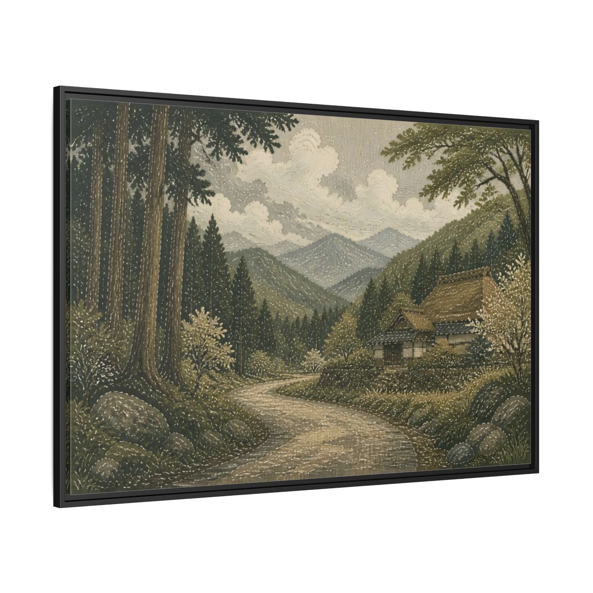 Side Mockup 12. Cedar Forest Country Road shown as framed canvas print