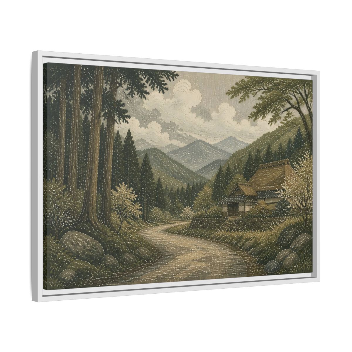 Side Mockup 10. Cedar Forest Country Road shown as framed canvas print
