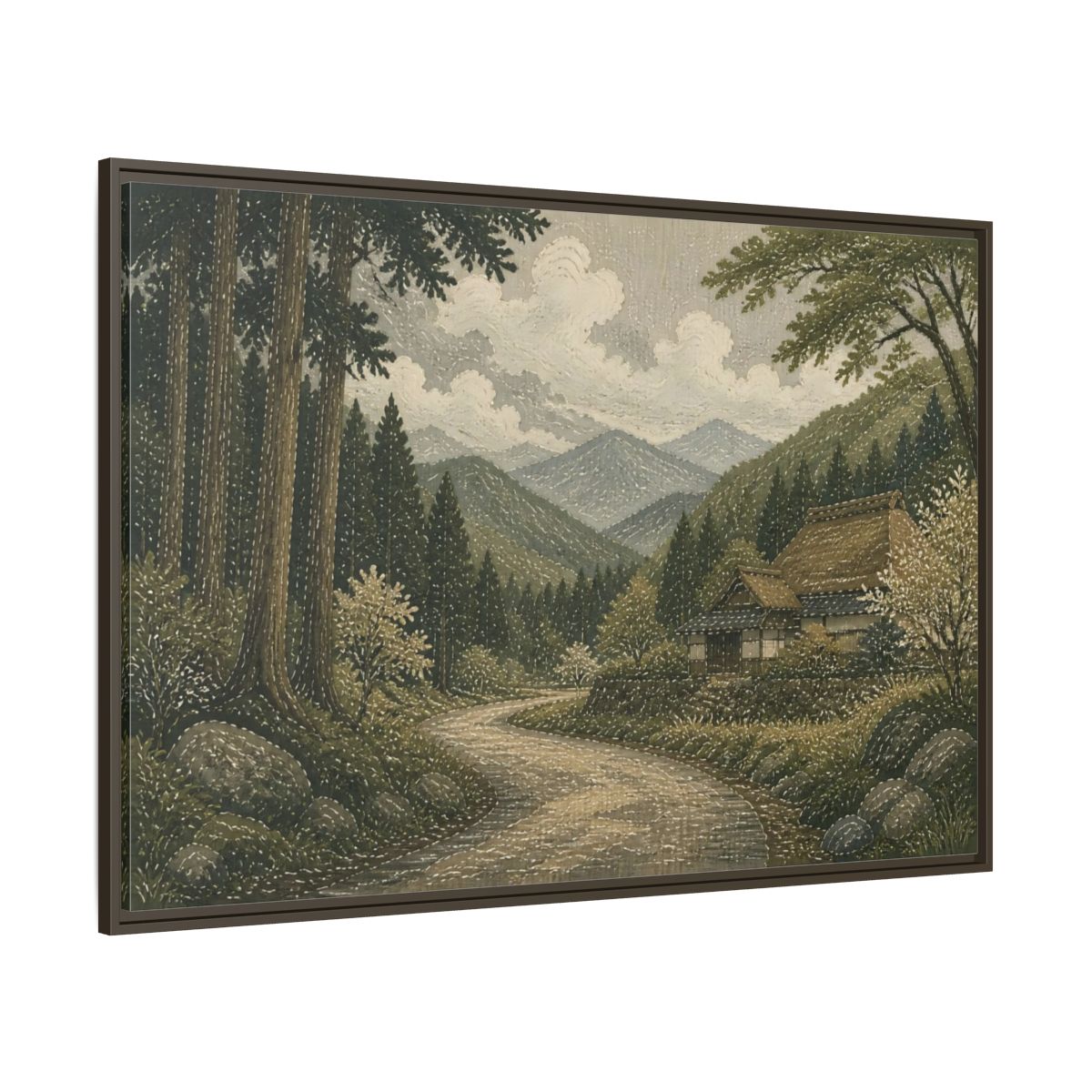 Side Mockup 8. Cedar Forest Country Road shown as framed canvas print