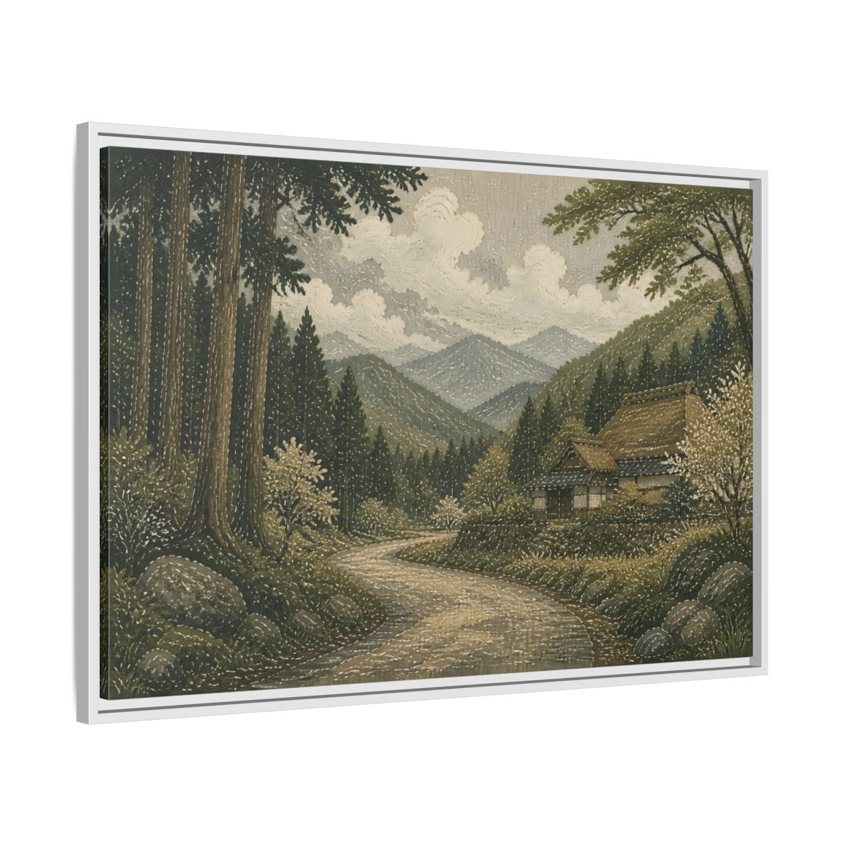 Side Mockup 9. Cedar Forest Country Road shown as framed canvas print