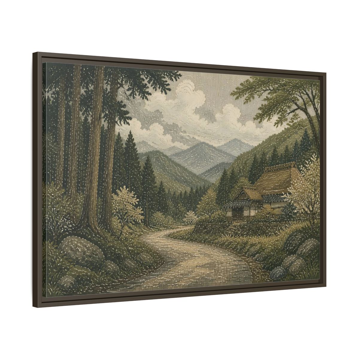 Main Mockup. Cedar Forest Country Road shown as framed canvas print