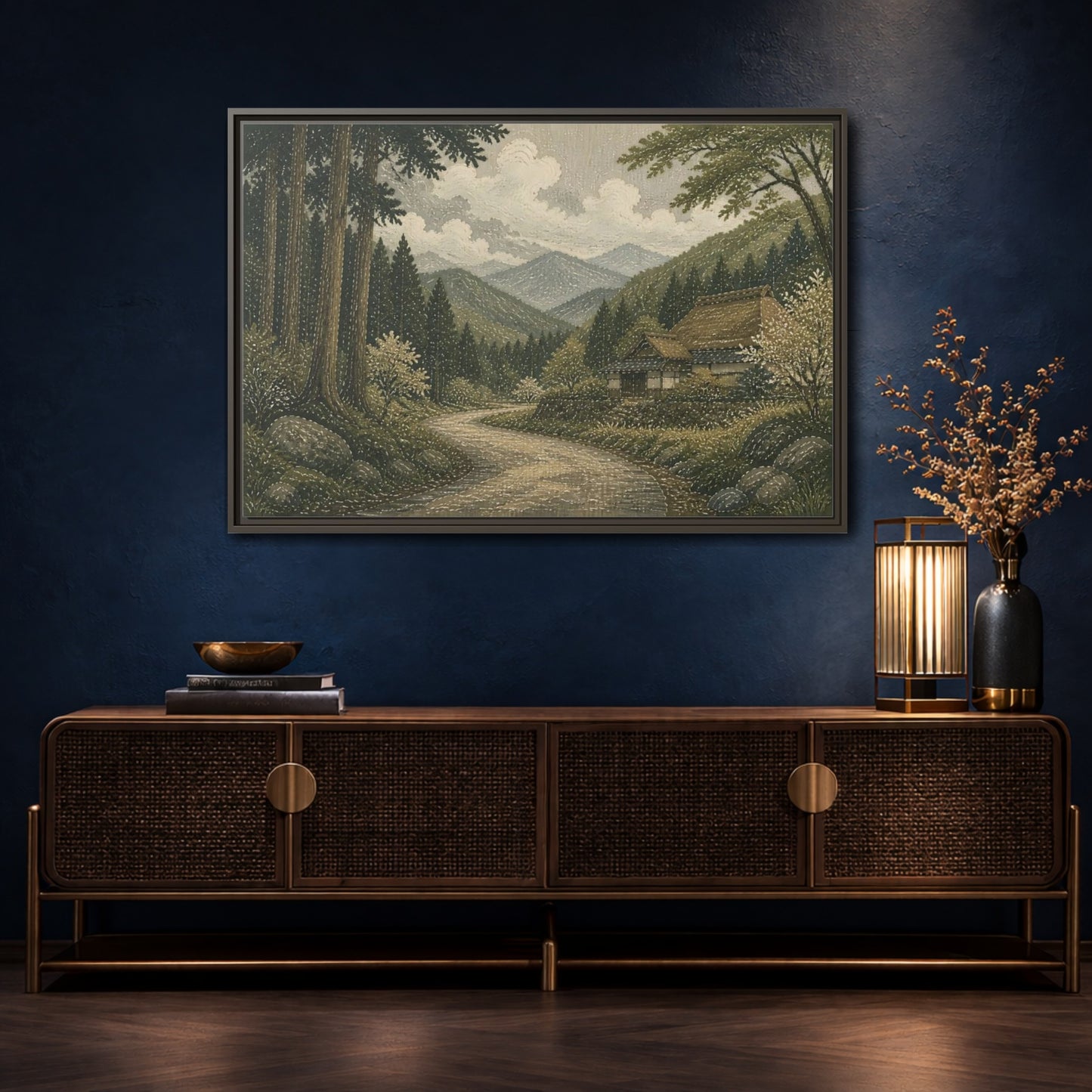Mockup 4. Cedar Forest Country Road shown as framed canvas print