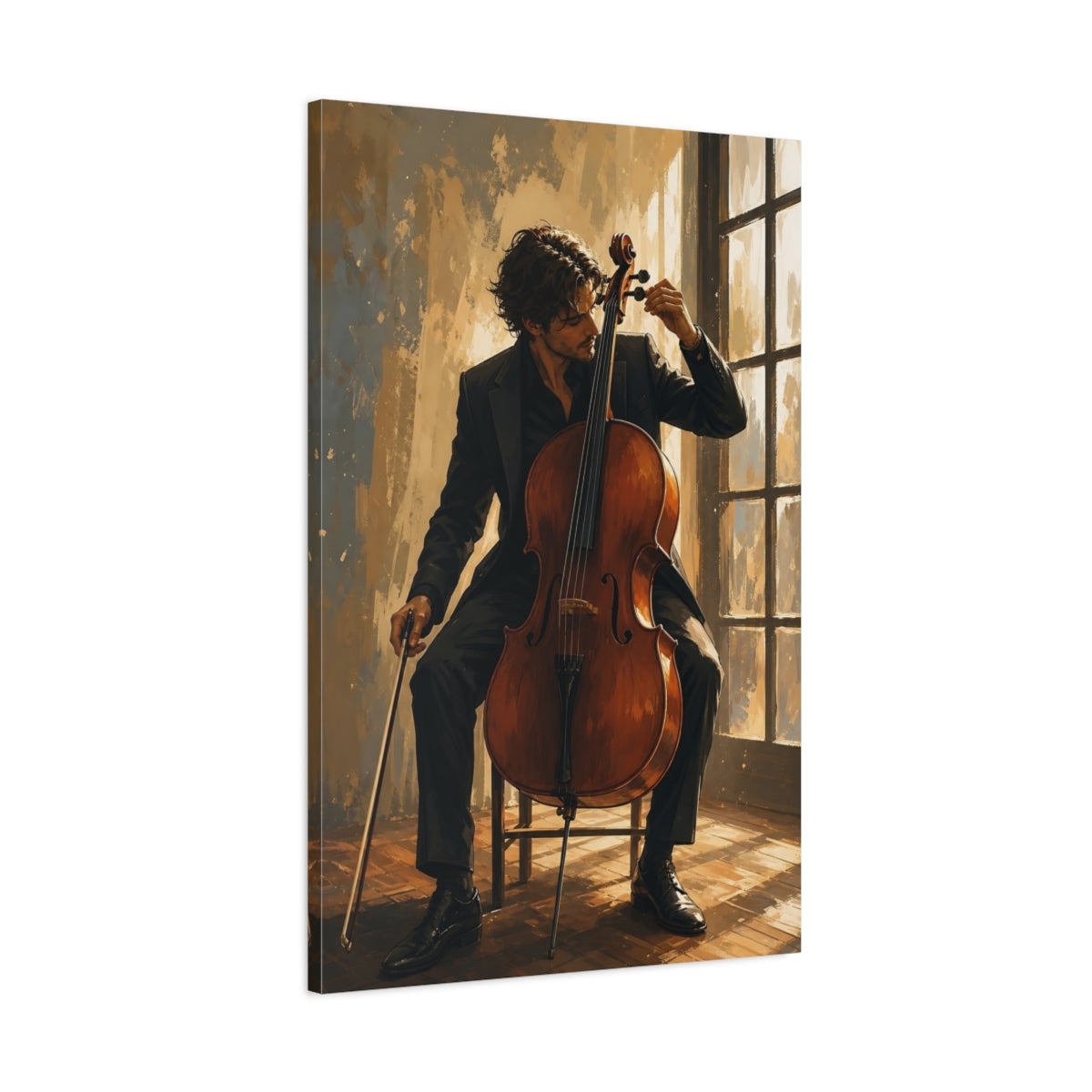 Main Mockup. Cellist By The Window shown as canvas print