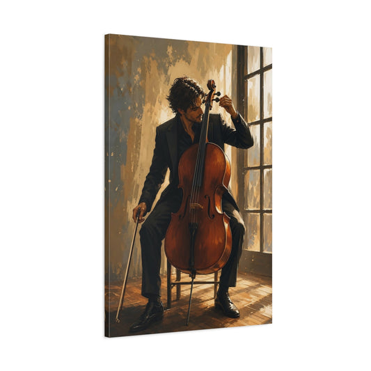Main Mockup. Cellist By The Window shown as canvas print