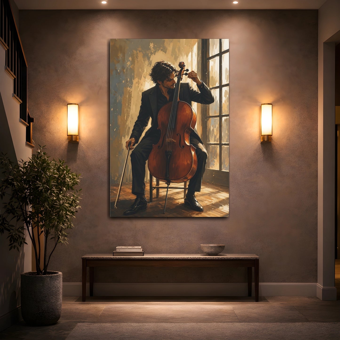 Mockup 2. Cellist By The Window shown as canvas print