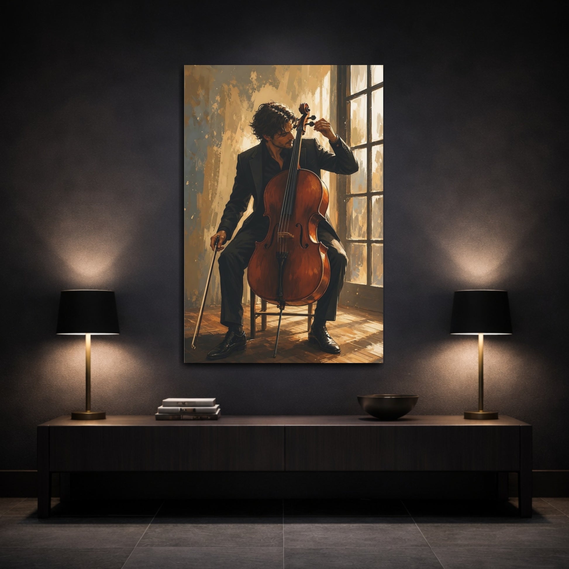 Mockup 3. Cellist By The Window shown as canvas print