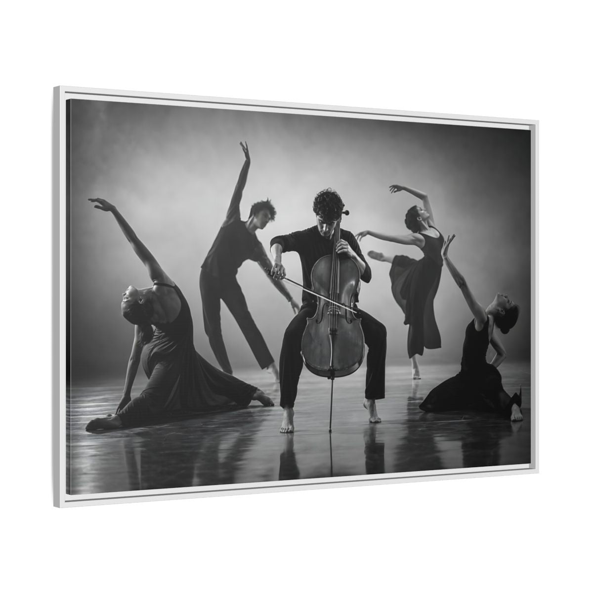 Side Mockup 7. Cellist With Dancers shown as framed canvas print
