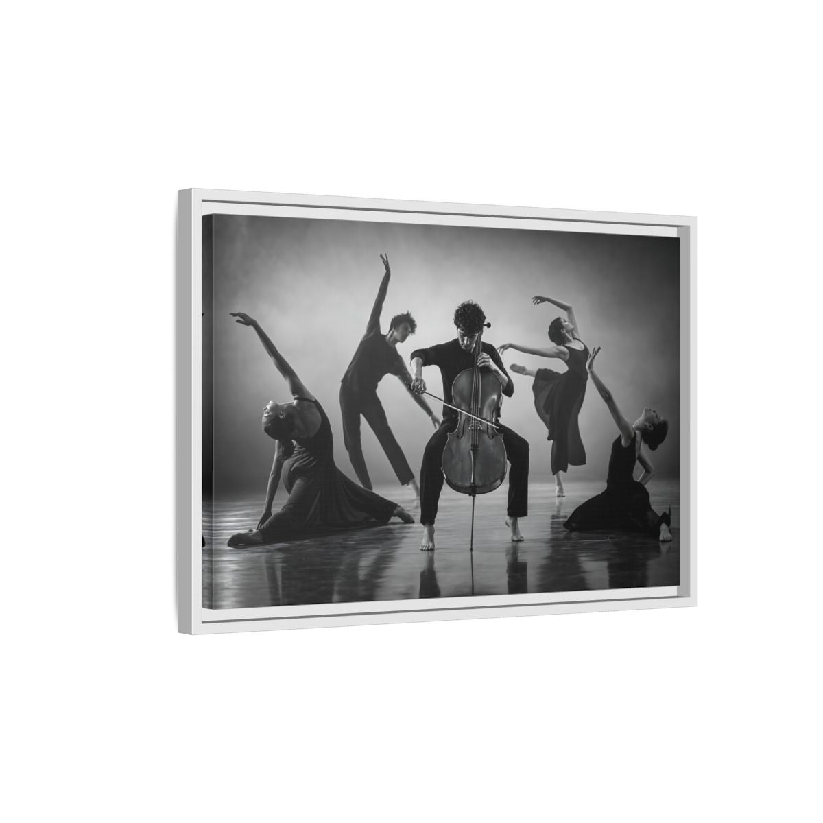 Side Mockup 1. Cellist With Dancers shown as framed canvas print