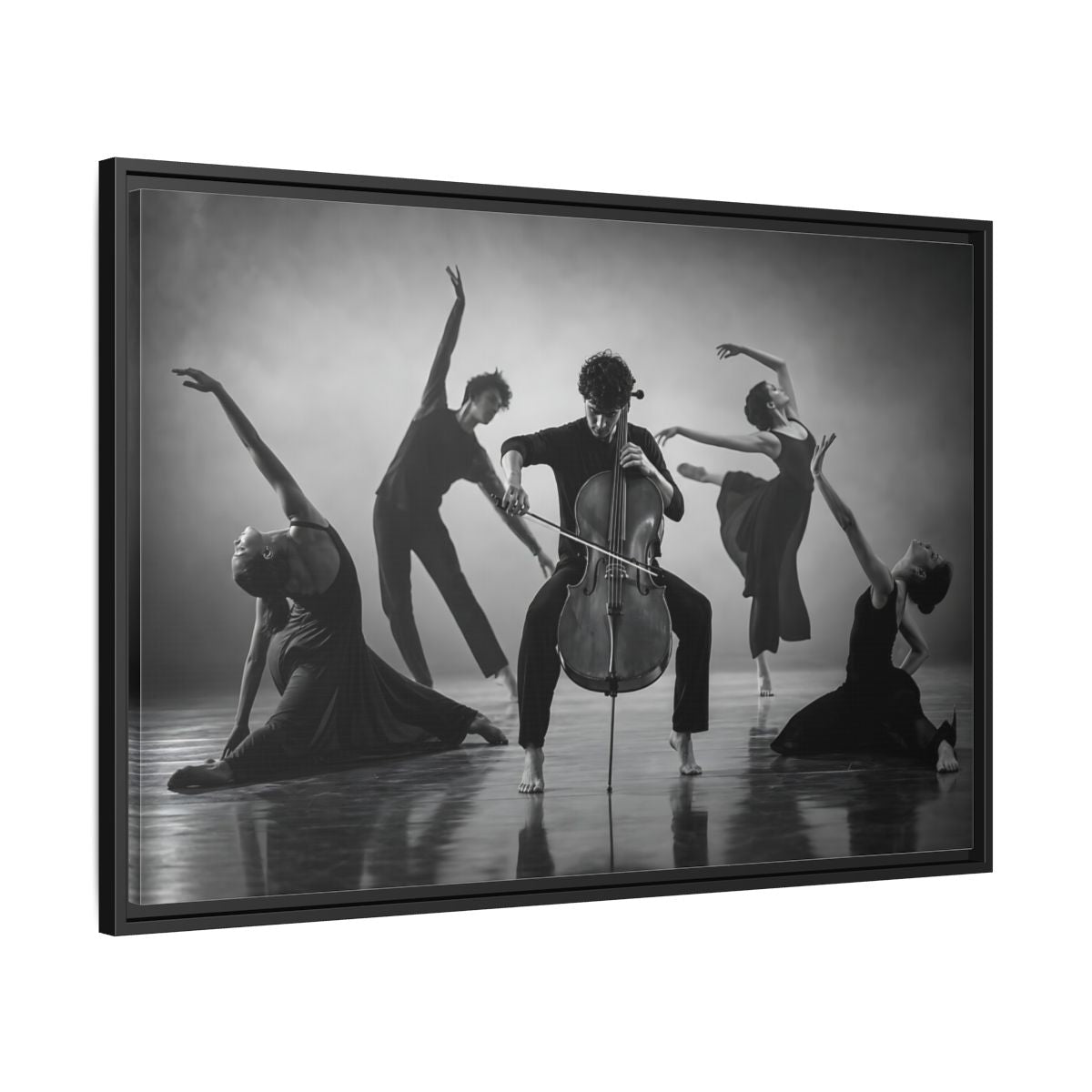 Side Mockup 13. Cellist With Dancers shown as framed canvas print