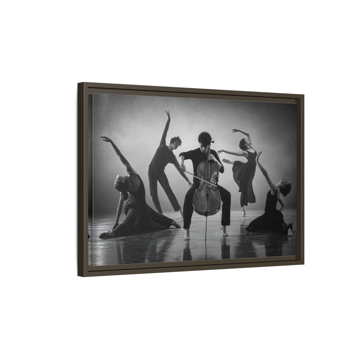 Side Mockup 2. Cellist With Dancers shown as framed canvas print