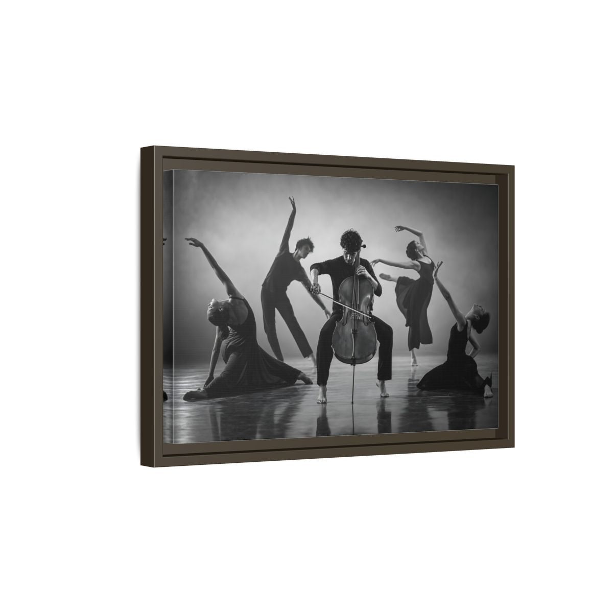 Side Mockup 5. Cellist With Dancers shown as framed canvas print