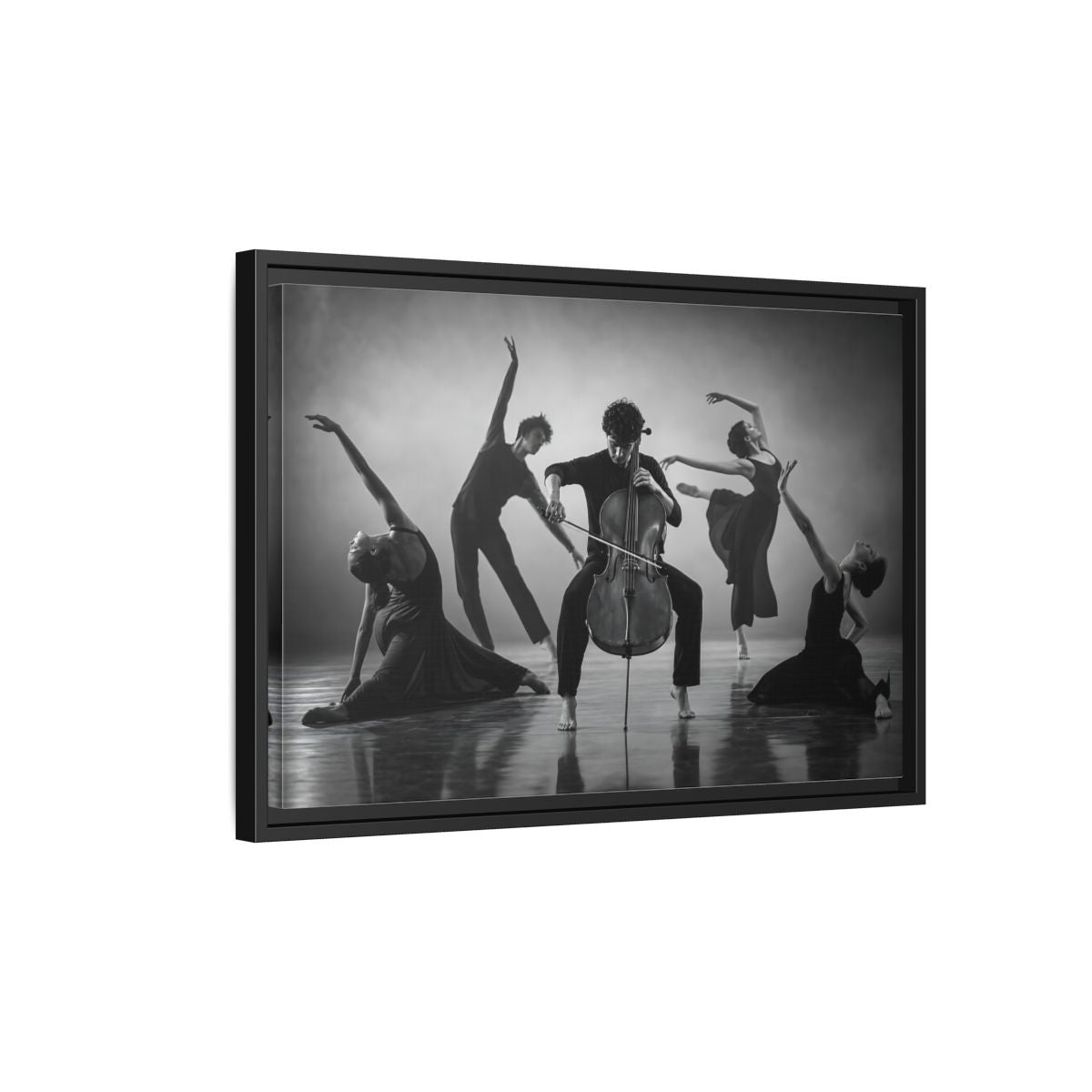 Side Mockup 3. Cellist With Dancers shown as framed canvas print
