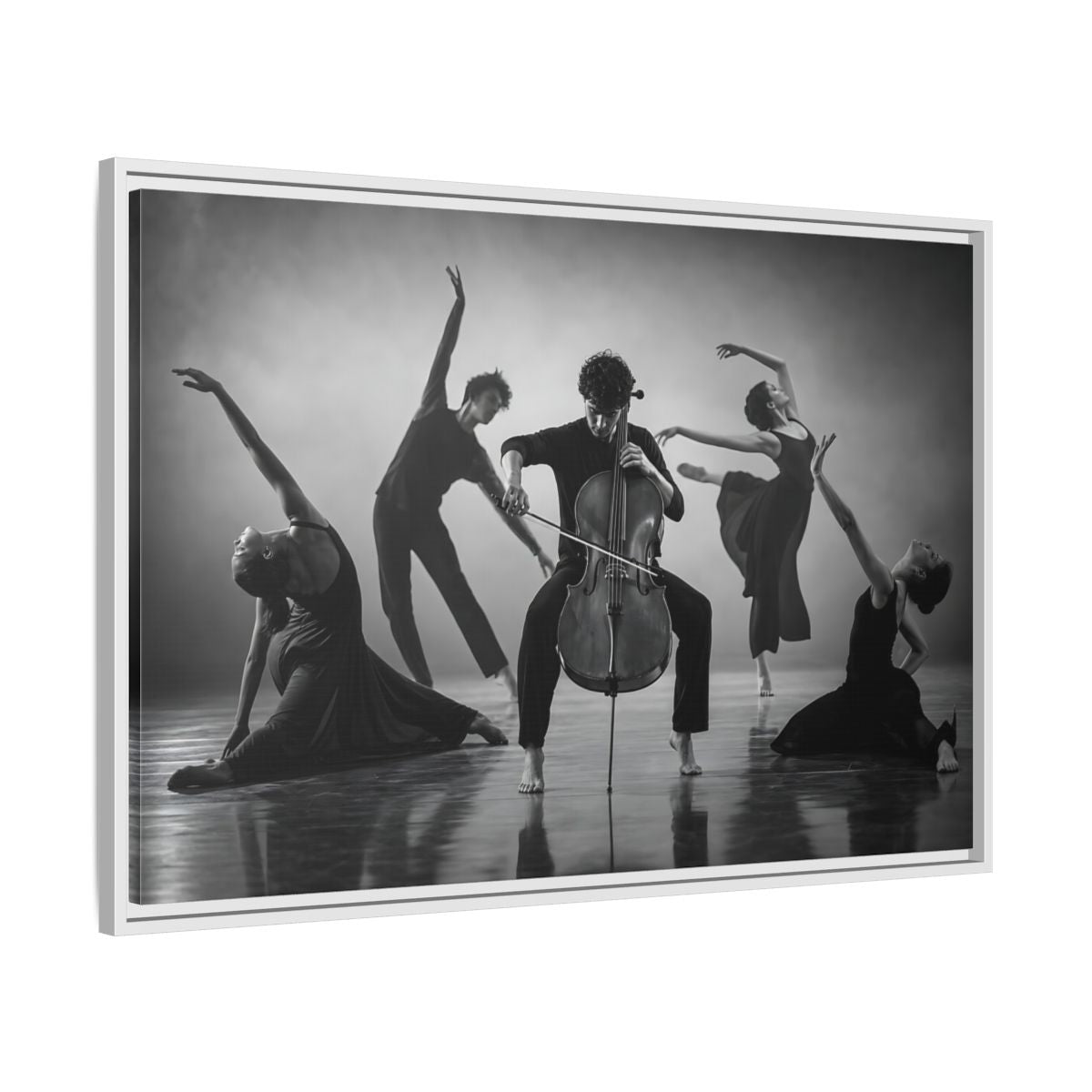 Side Mockup 9. Cellist With Dancers shown as framed canvas print