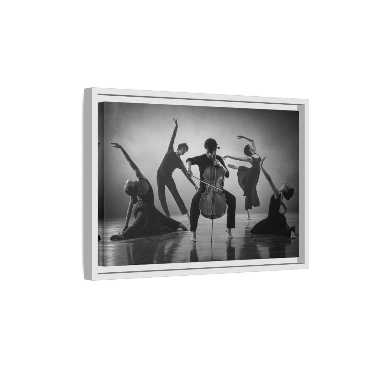 Side Mockup 4. Cellist With Dancers shown as framed canvas print