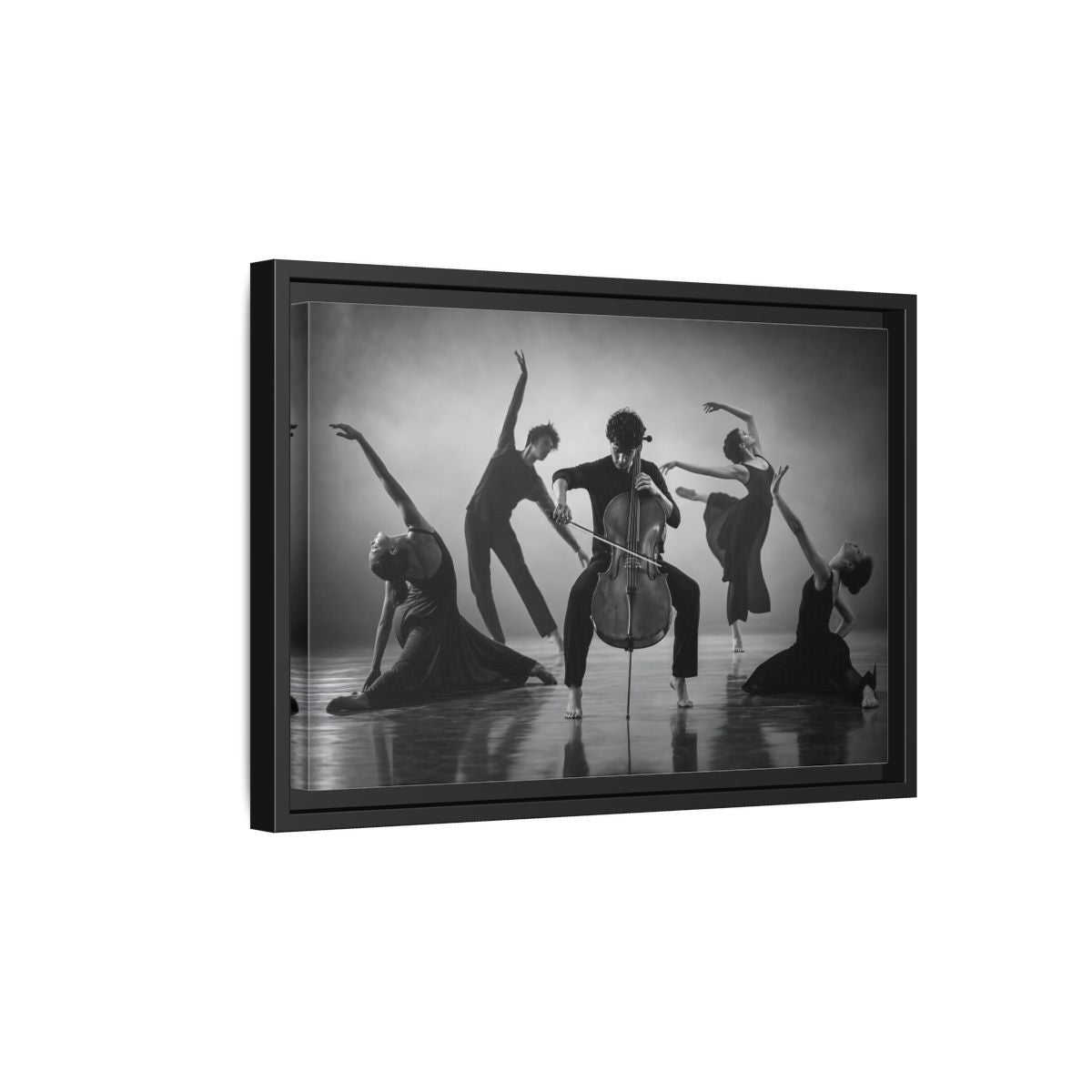 Side Mockup 6. Cellist With Dancers shown as framed canvas print
