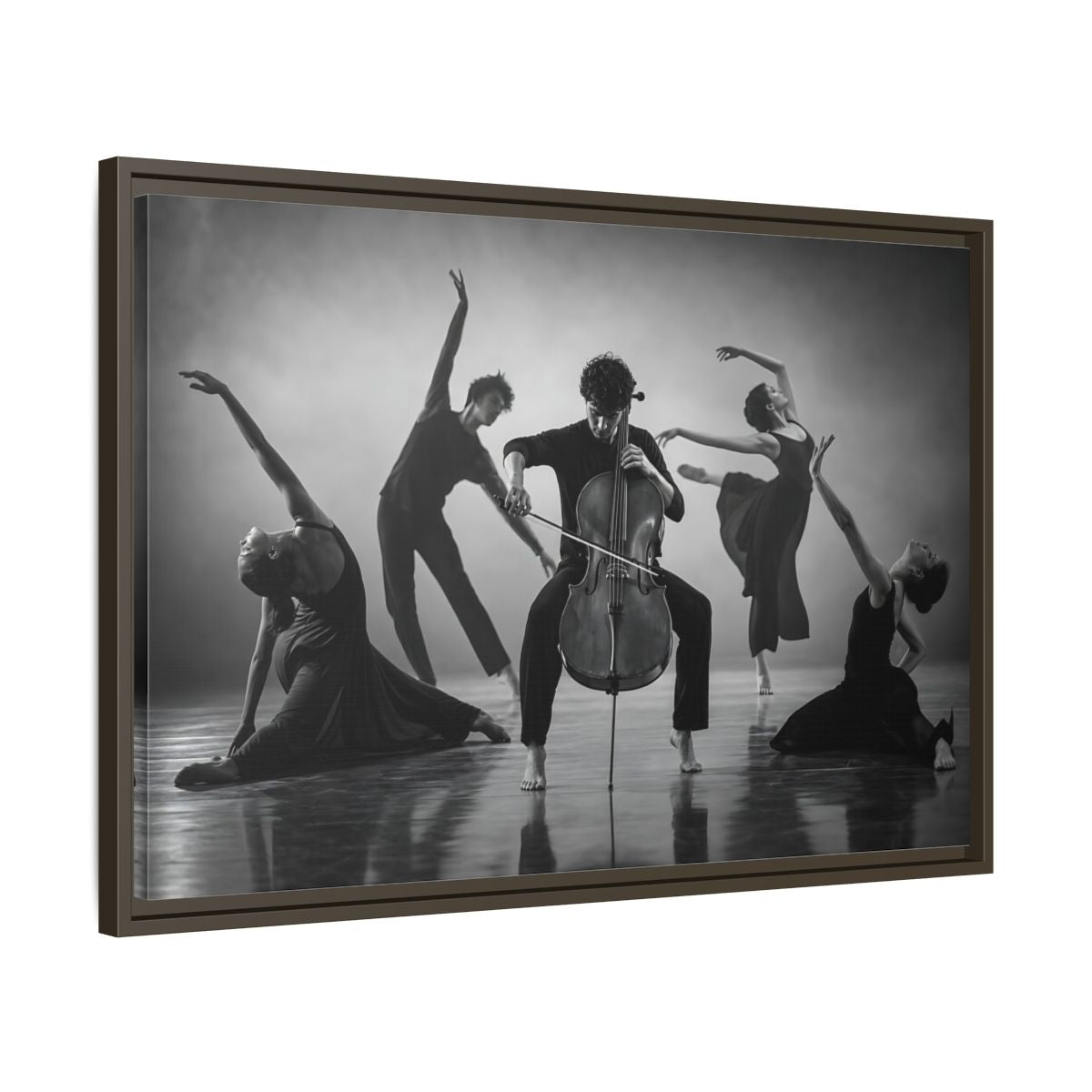 Side Mockup 11. Cellist With Dancers shown as framed canvas print