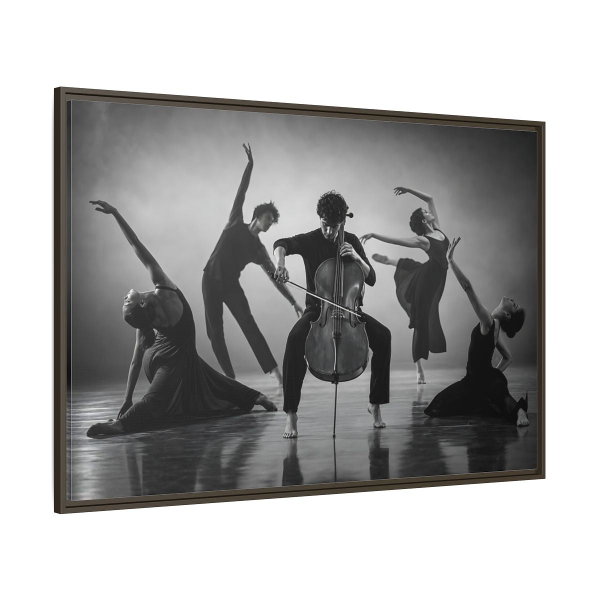 Side Mockup 8. Cellist With Dancers shown as framed canvas print
