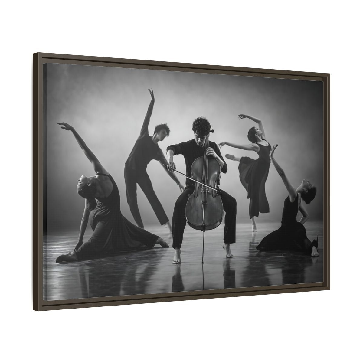 Main Mockup. Cellist With Dancers shown as framed canvas print