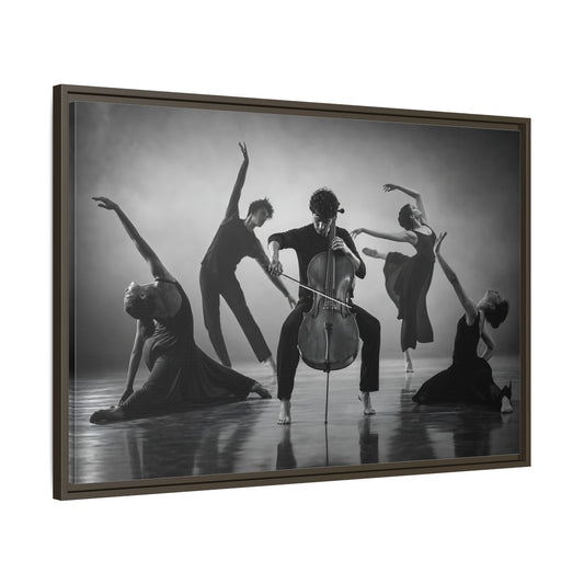 Main Mockup. Cellist With Dancers shown as framed canvas print