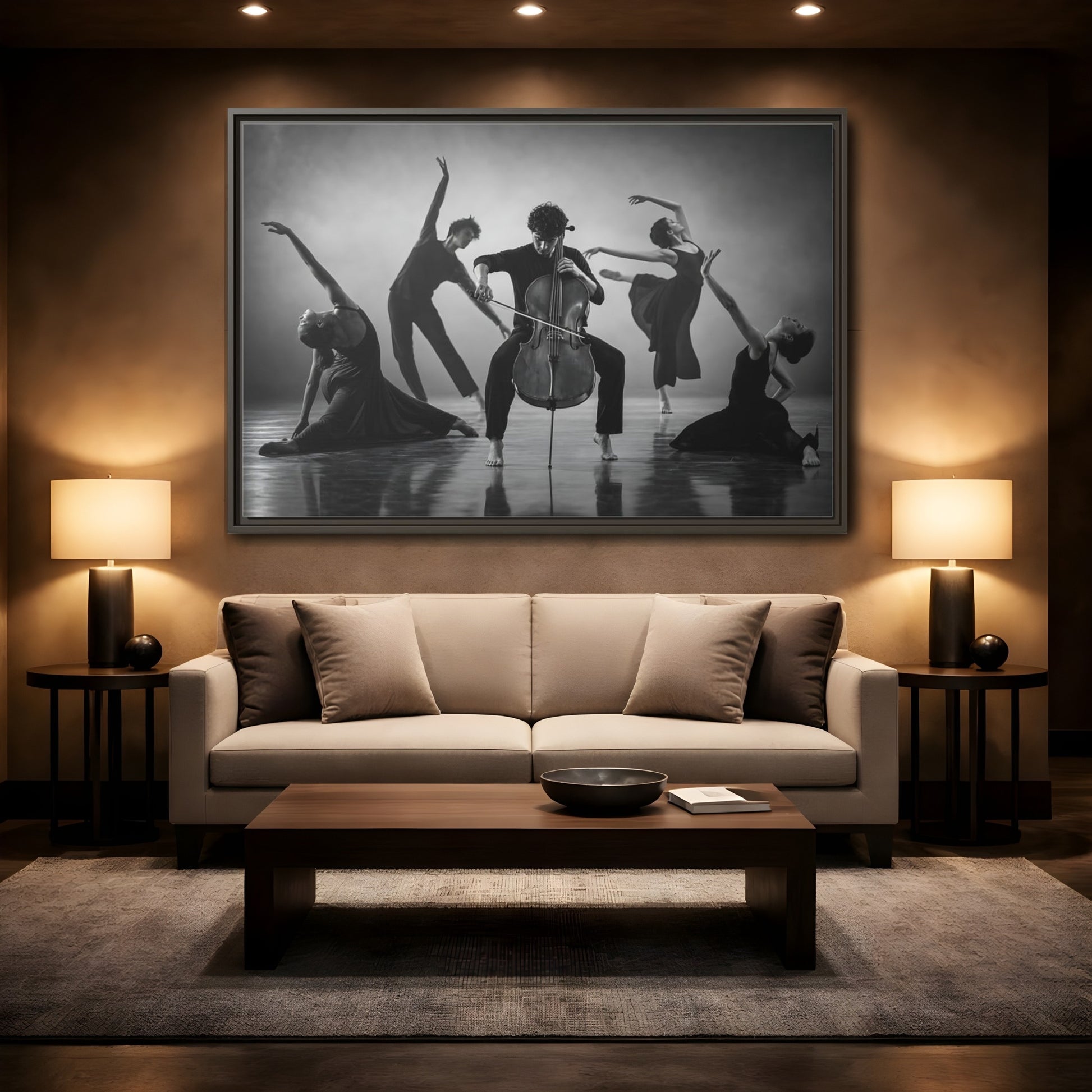 Mockup 2. Cellist With Dancers shown as framed canvas print