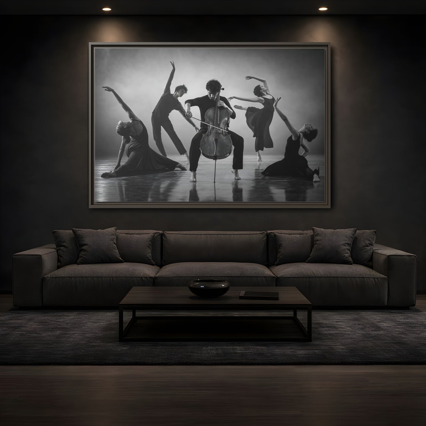 Mockup 3. Cellist With Dancers shown as framed canvas print