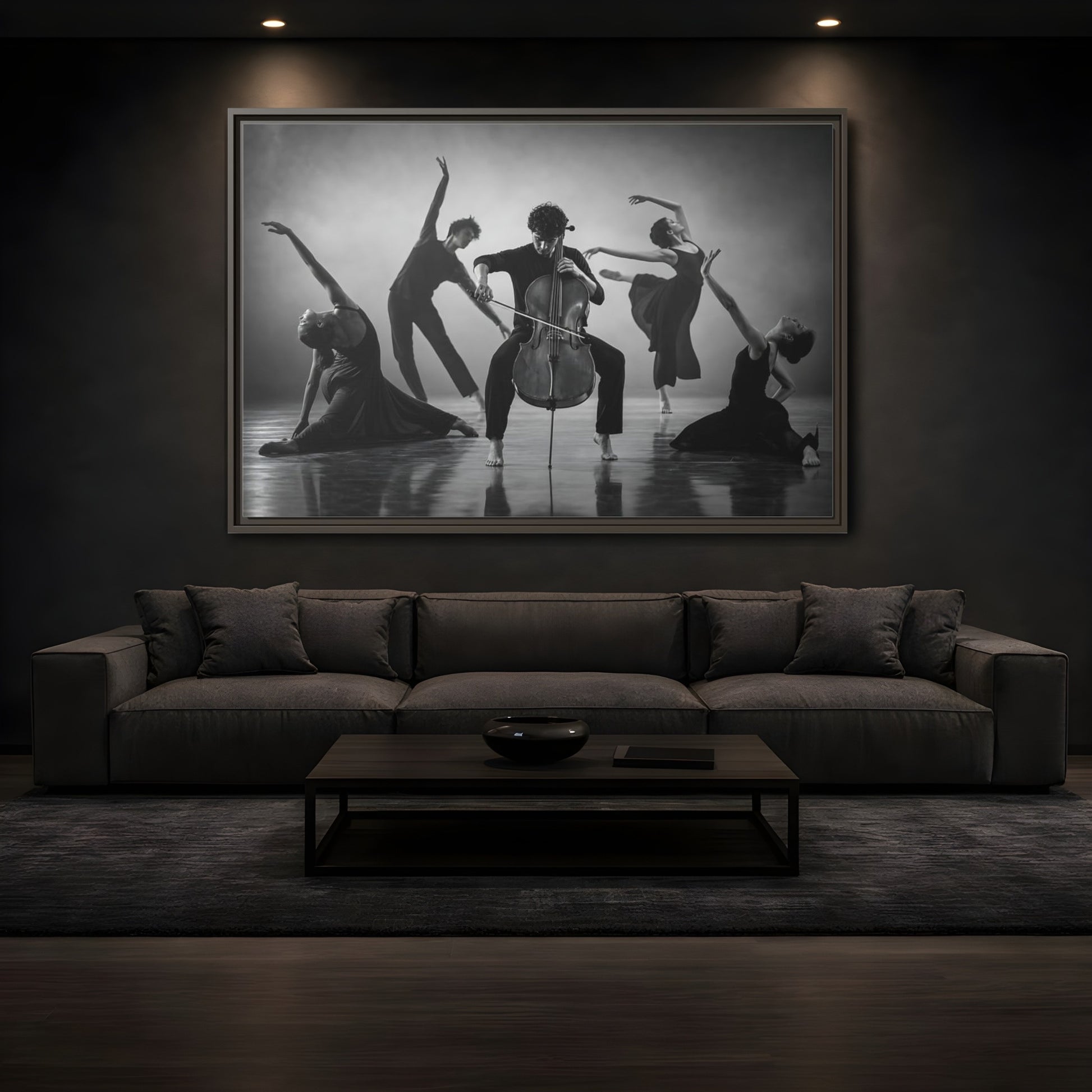 Mockup 3. Cellist With Dancers shown as framed canvas print
