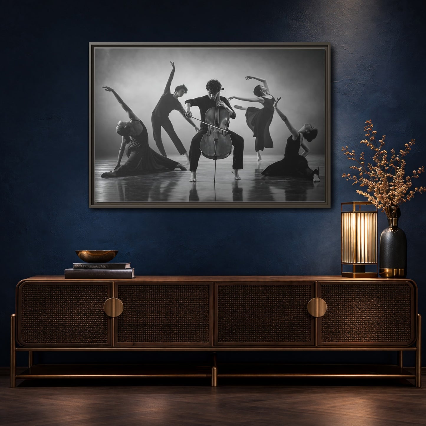 Mockup 4. Cellist With Dancers shown as framed canvas print
