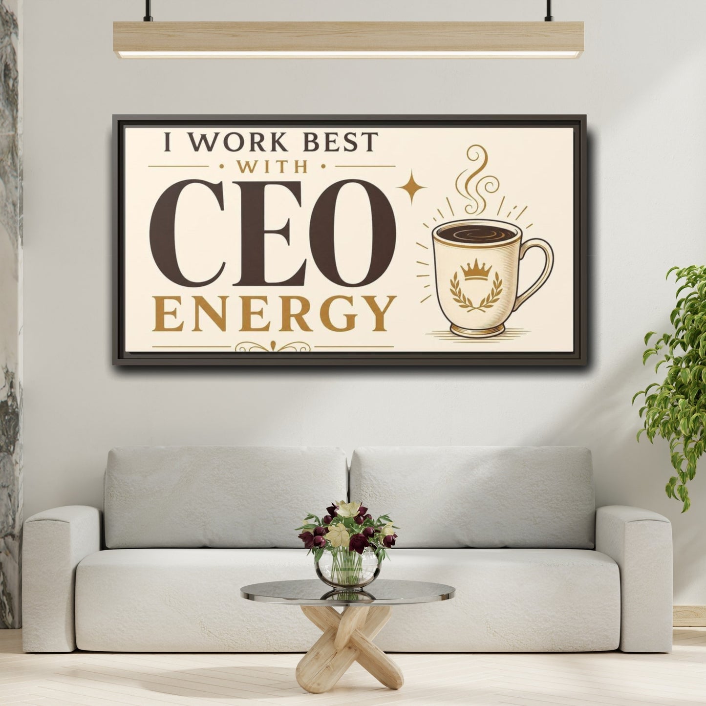 Mockup 2. CEO Energy Coffee Quote shown as framed canvas print