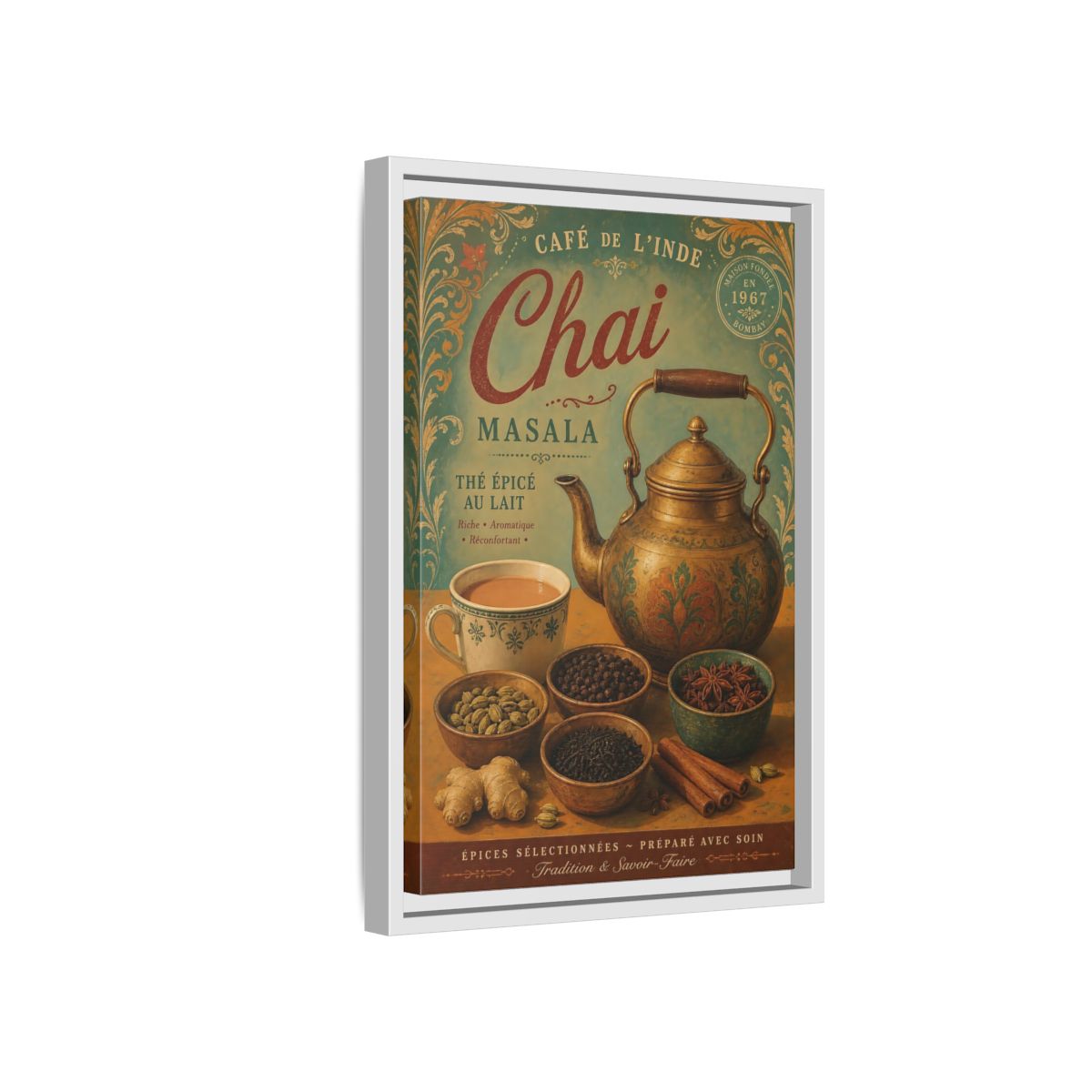 Side Mockup 4. Chai Masala Tea Kettle shown as framed canvas print