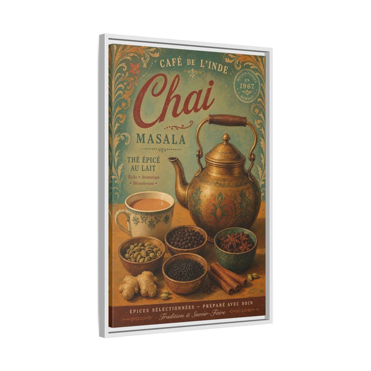 Side Mockup 10. Chai Masala Tea Kettle shown as framed canvas print